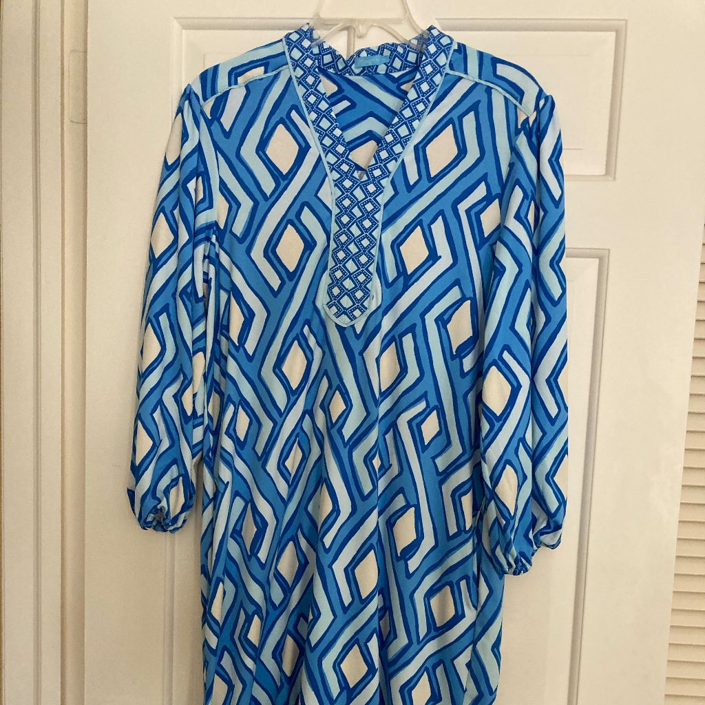 Nwot J. Mclaughlin Blue And White Vilhada Souk Geometric Print Shift Dress Sz. M